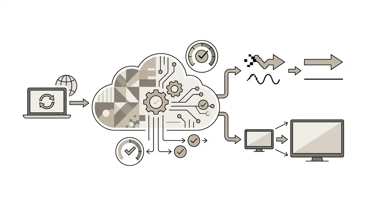 Cloud server processing video data from a computer to stabilize footage and upscale resolution
