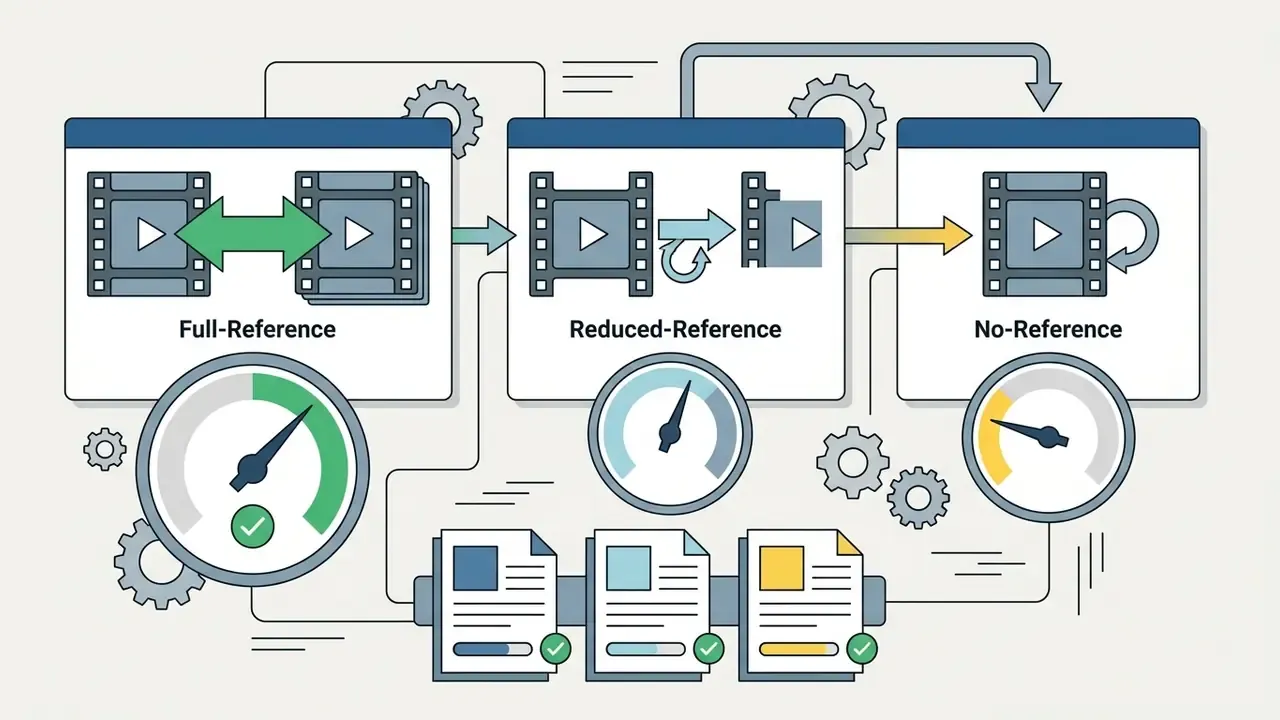 Three assessment classes for video quality control using reference frames, gauges, and status documents