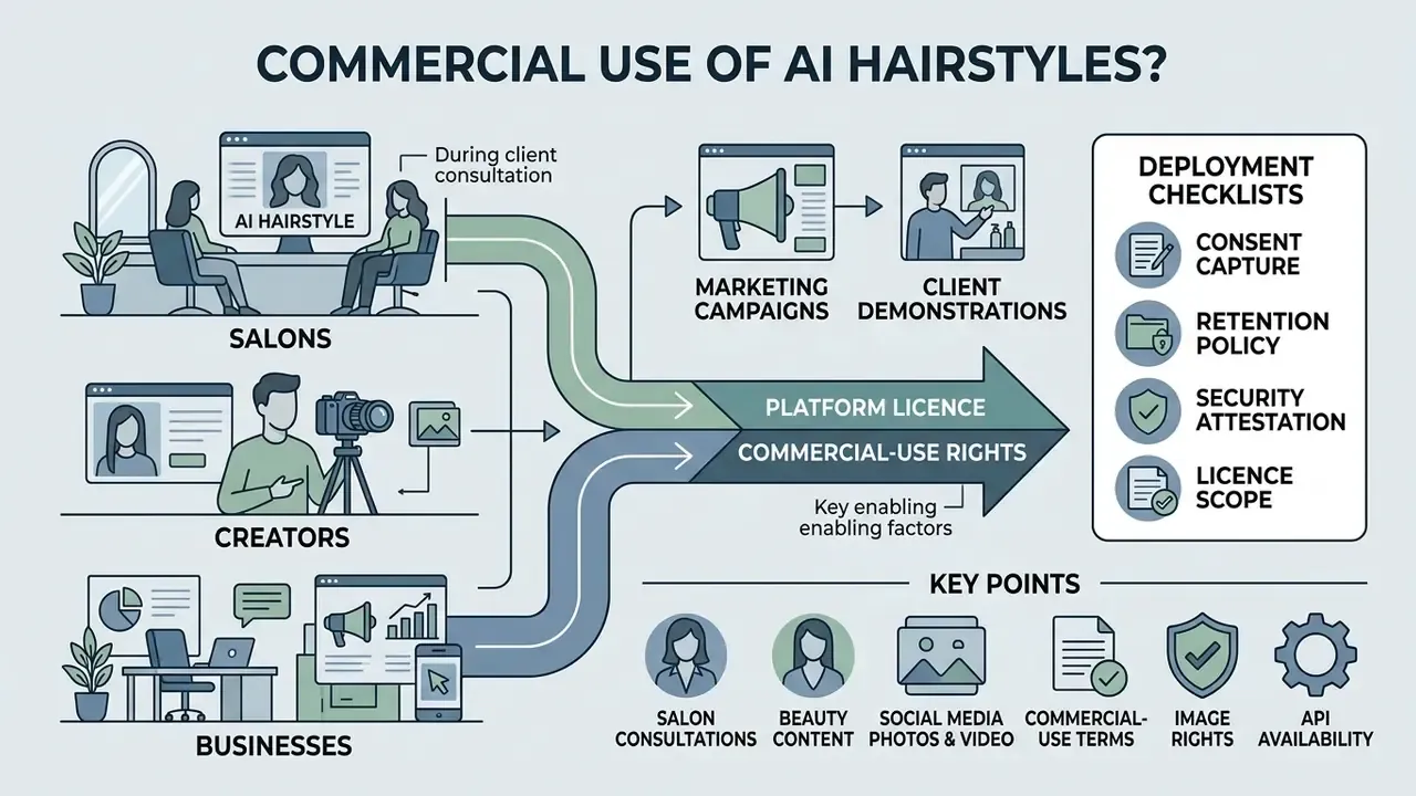 Diagram showing how salons, creators, and businesses use digital hair previews for commercial purposes