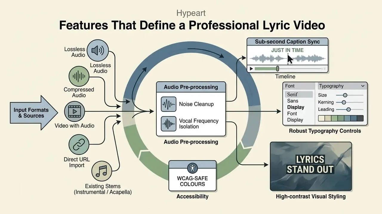 Diagram showing audio input sources flowing into processing stages for typography and caption alignment