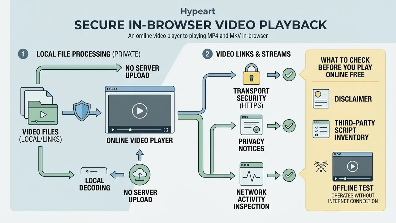 Process flow comparing local file privacy with network security checks for streaming media