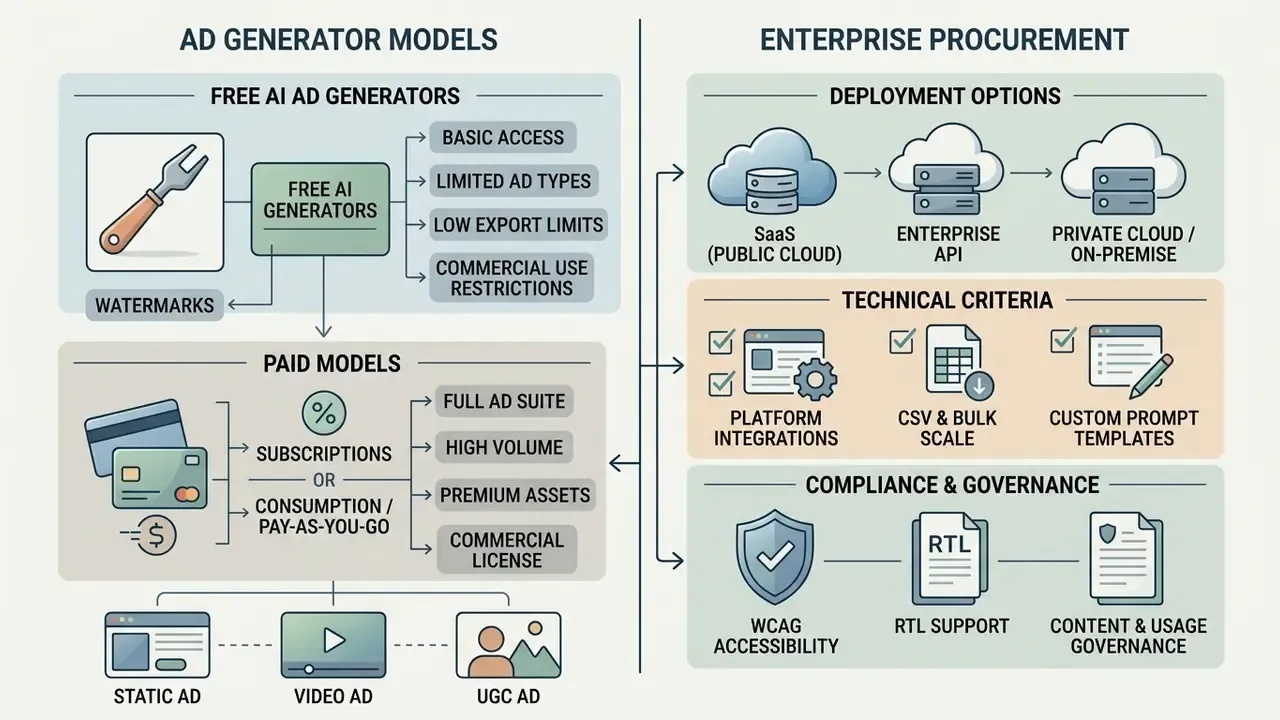 Comparison chart outlining financial models for ad tools alongside enterprise deployment requirements