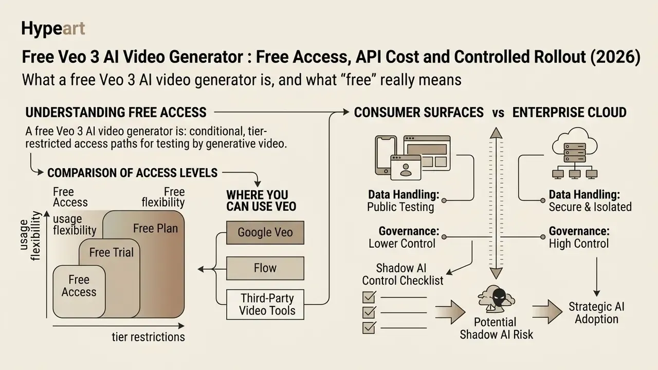Diagram comparing free Veo 3 AI video generator access levels against consumer and enterprise cloud use