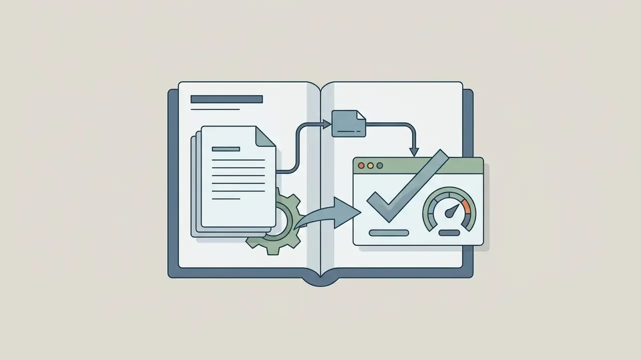 Document stack and gear icon processing data into a checked dashboard with a performance gauge