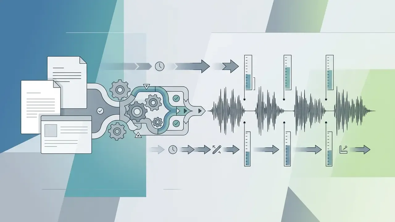 Documents entering a gear mechanism that processes text into audio waveforms with variable pause markers