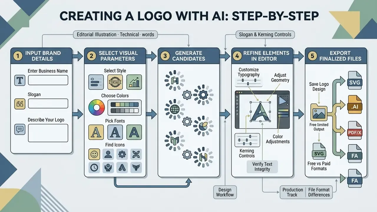 Five sequential stages for using an ai logo maker to input details, customize designs, and export files