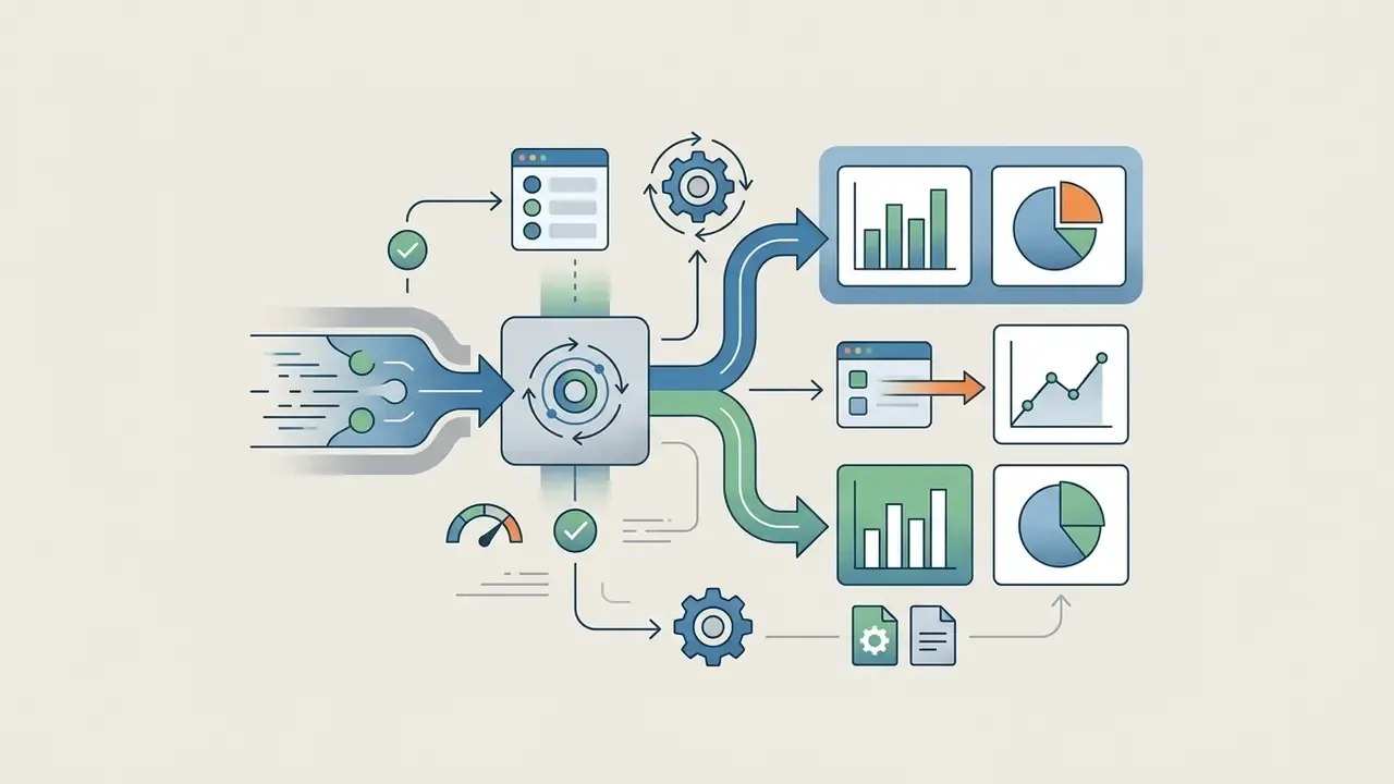 Inputs flowing through a funnel into a central processing unit that renders various chart types