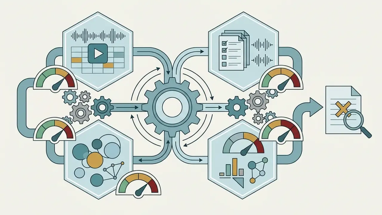 Hexagonal modules with gauges and icons feeding into a central gear to produce a filtered document output