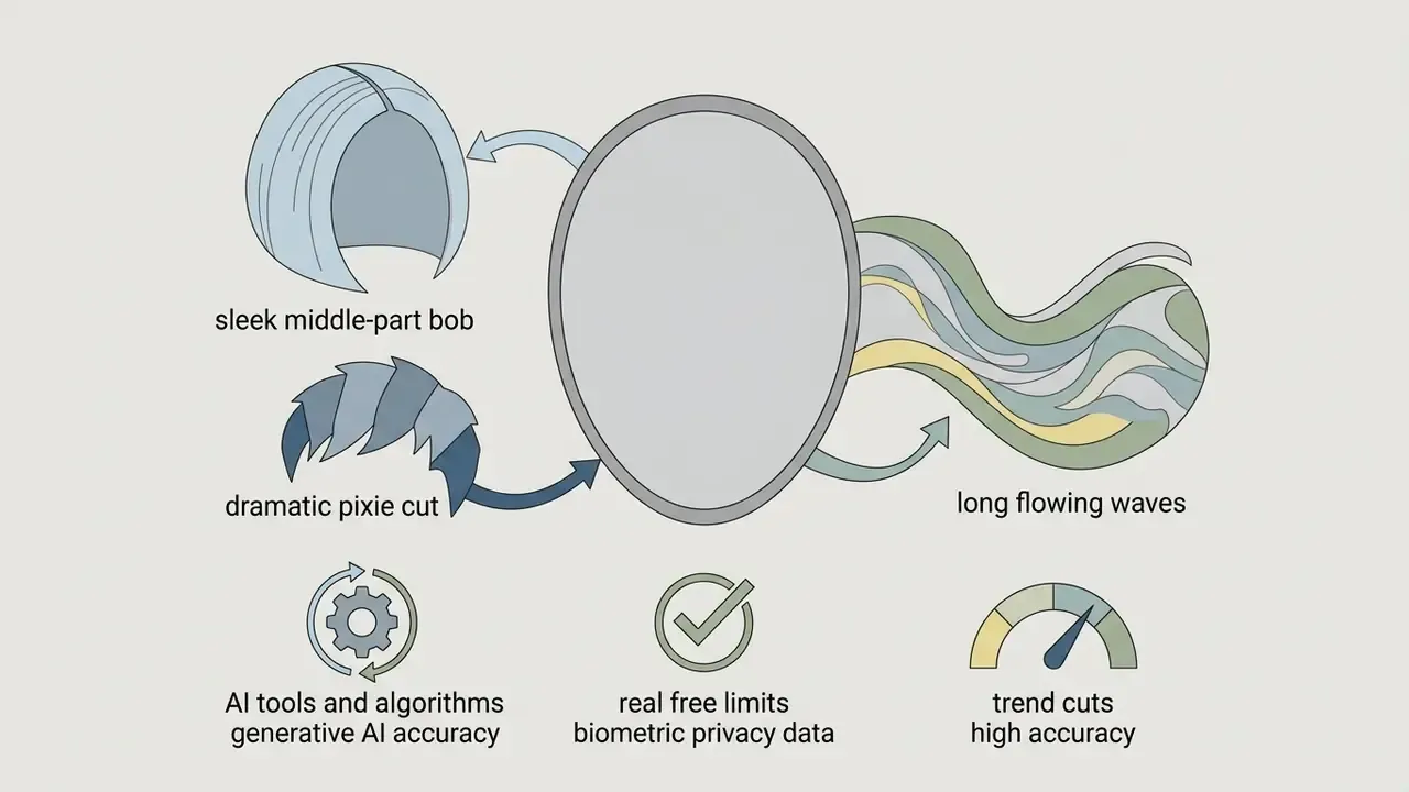 Oval face outline surrounded by bob, pixie, and wavy hair styles with icons for AI and data accuracy