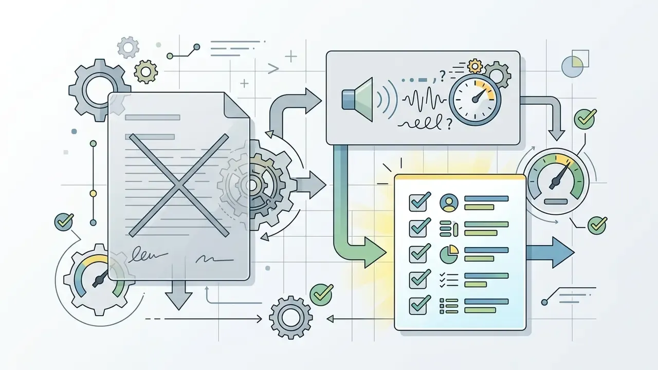 Document with a cross mark flowing through gears into an audio interface and a checklist with gauges