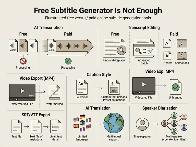 Comparison table contrasting feature limitations of free versus paid tools to add subtitles to video online