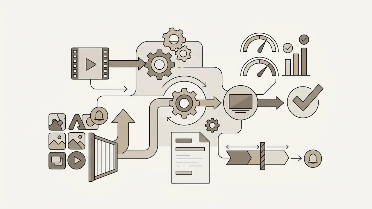 Process showing video assets and files moving through gears to reach a finished export with notifications