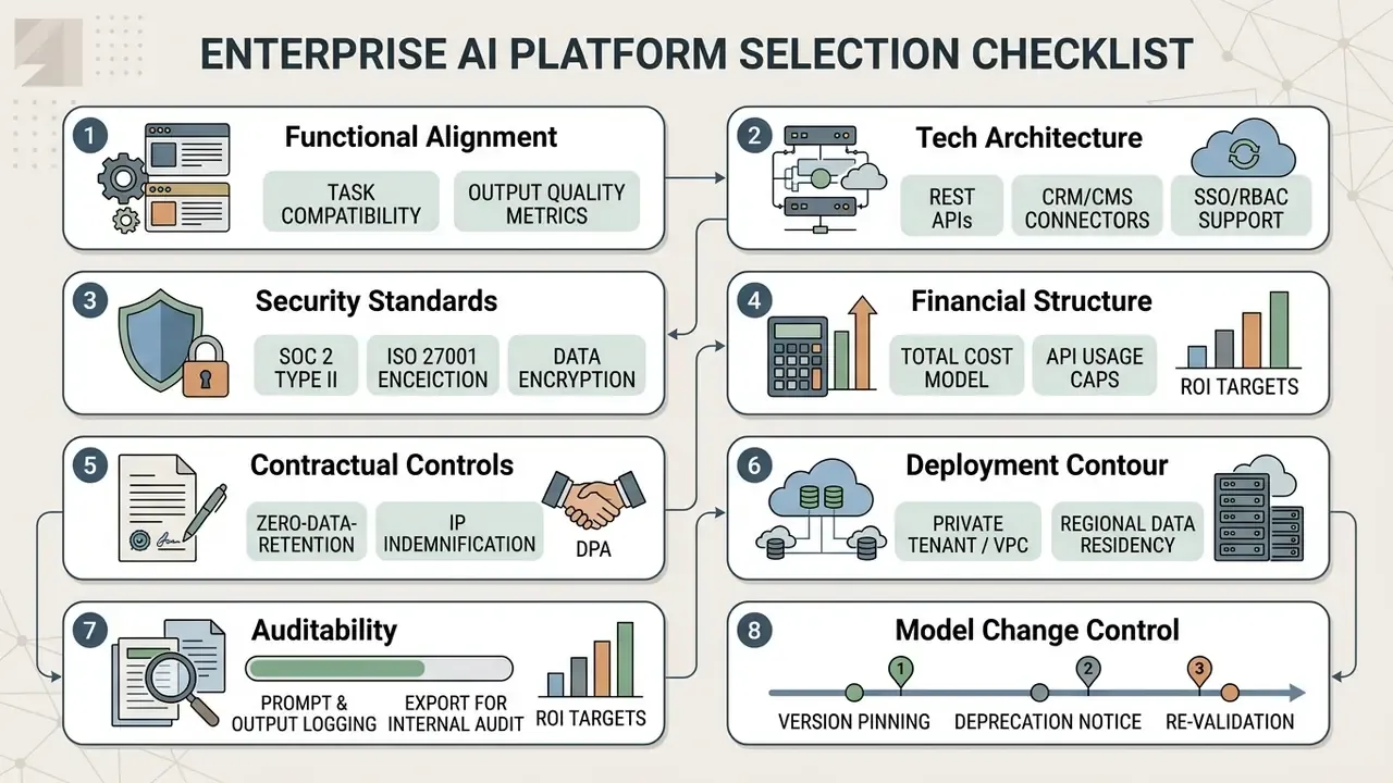 Numbered list of eight key criteria for evaluating enterprise software including security and deployment