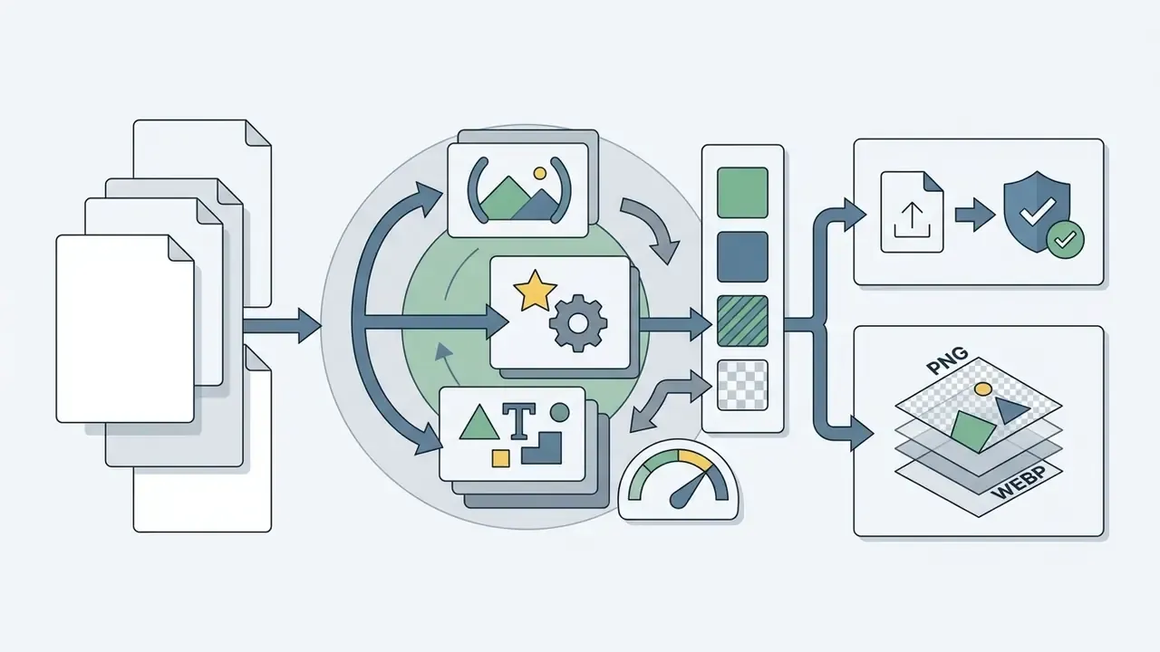 Workflow showing image processing with background color selection and export to PNG or WEBP formats