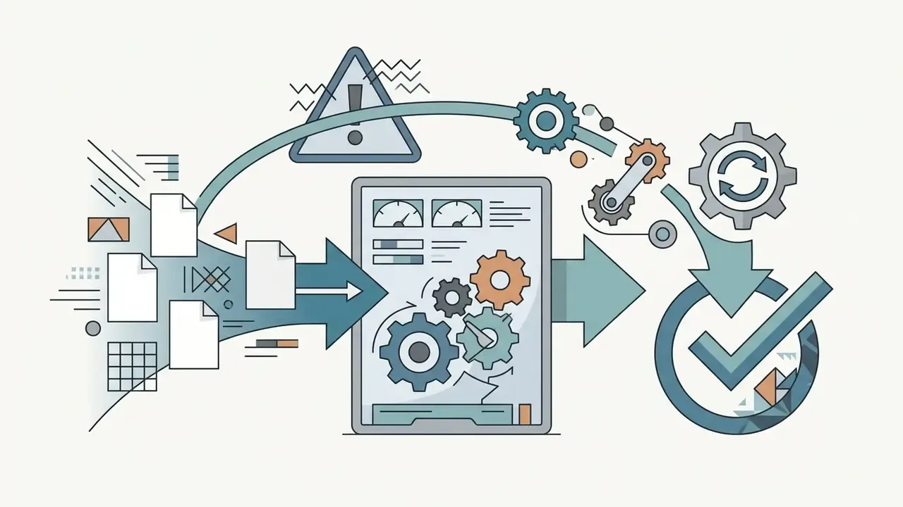 Documents flowing into a central processing unit with gears and a warning sign leading to a checkmark