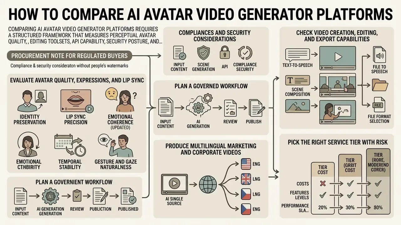 Structured framework infographic detailing evaluation criteria for digital human video production