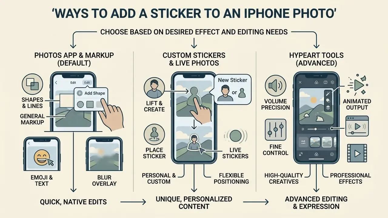 Infographic comparing three methods for adding stickers to iPhone photos using native or advanced tools