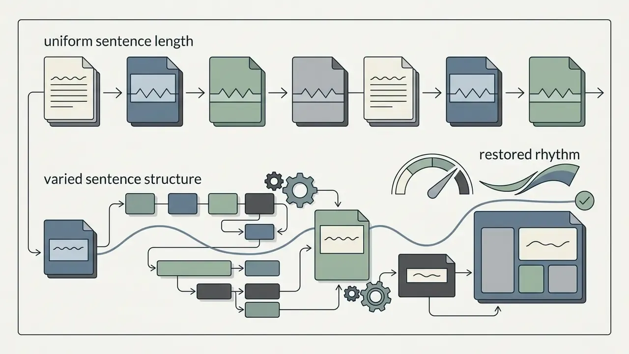 Linear document processing compared to a complex workflow of gears and gauges for editing text rhythm