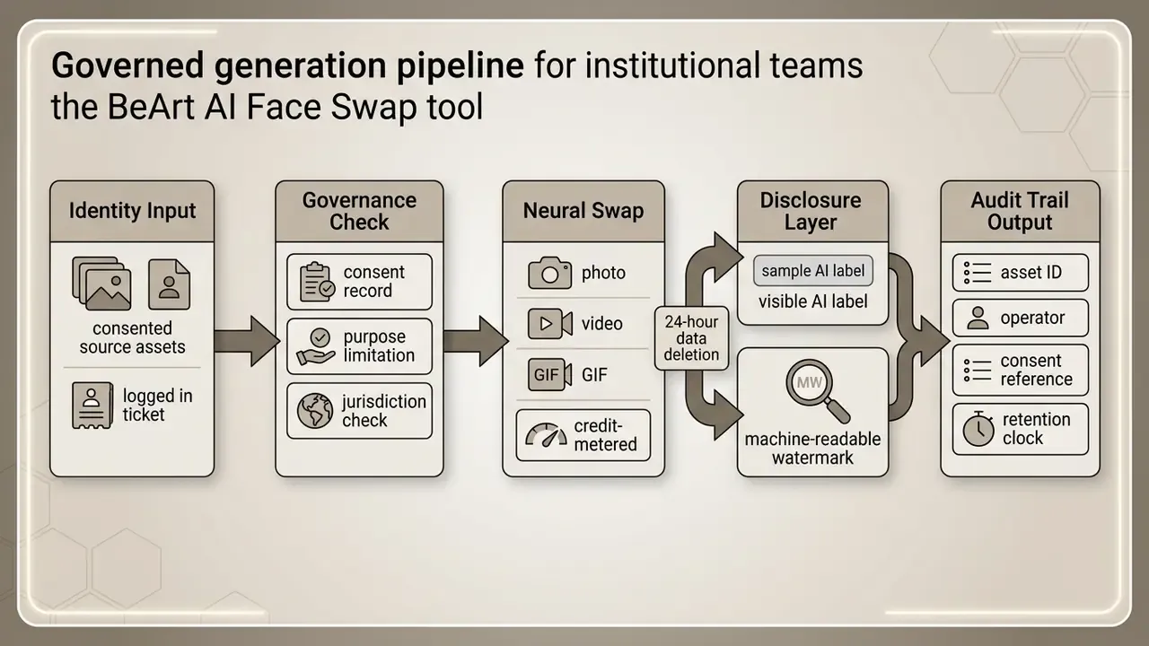 Flowchart showing the institutional generation pipeline from identity input to audit trail output