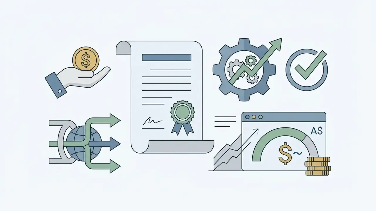 Hand holding a coin, a certificate, gears with an upward arrow, and a digital screen showing financial growth