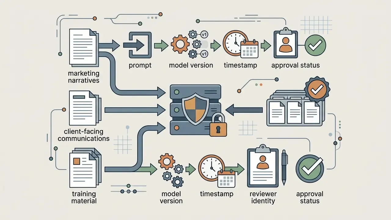 Business documents flowing through audit steps including model versions, timestamps, and approval status