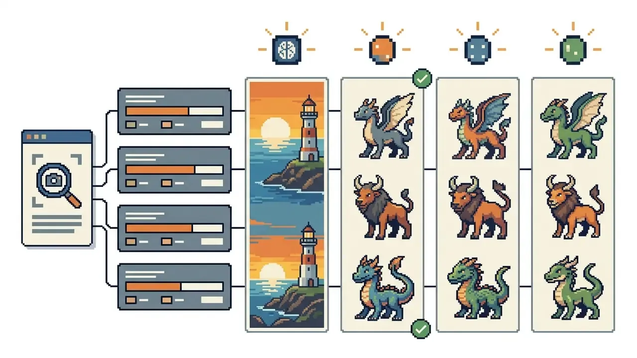 Pixel art diagram showing prompt processing leading to lighthouse scenes and fantasy creature variations