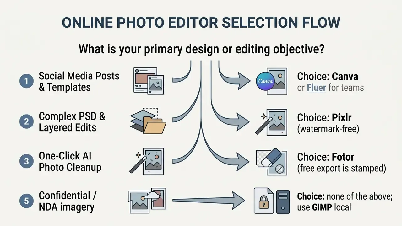 Decision guide matching specific editing objectives to recommended software for the best free photo editor