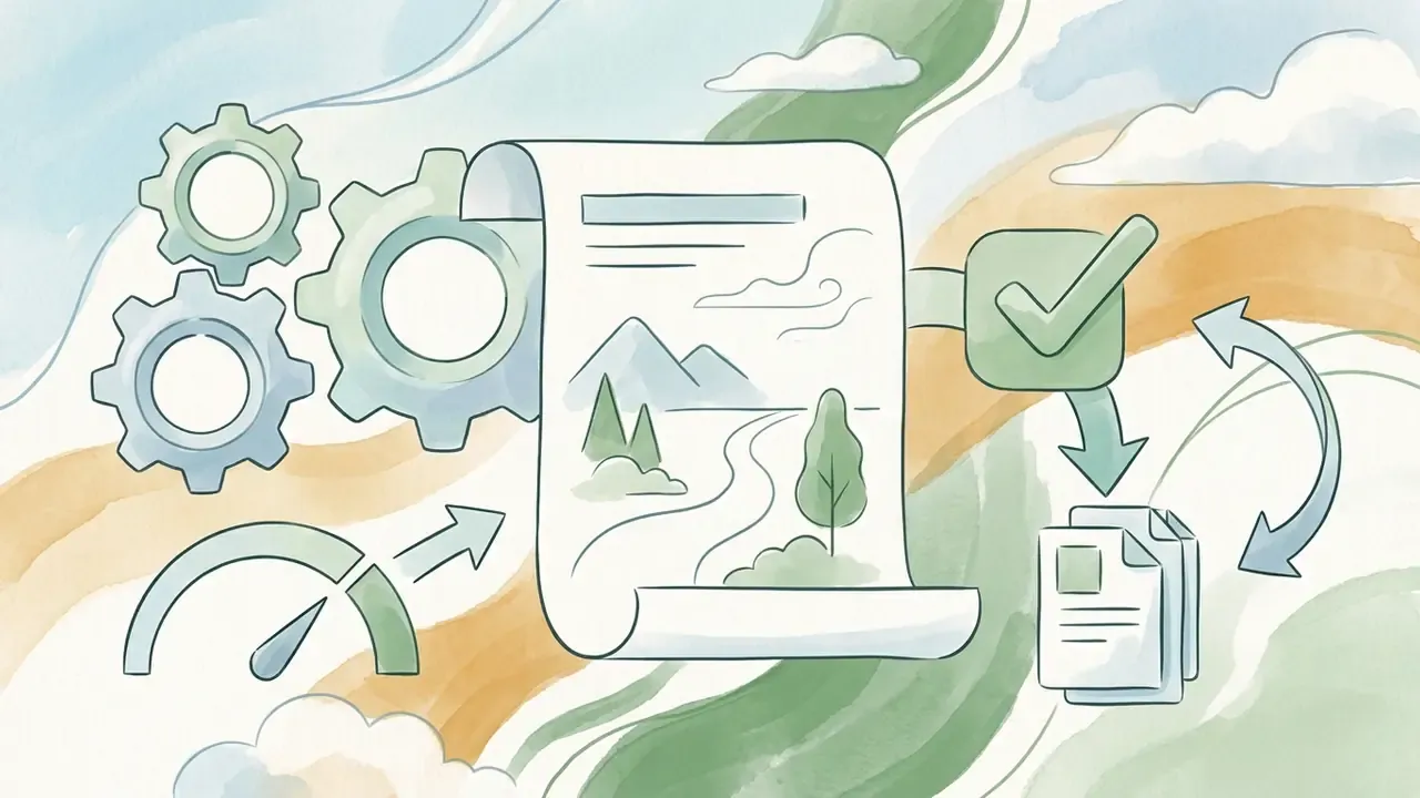Gears and a gauge pointing toward a landscape document that leads to a checkmark and stacked files