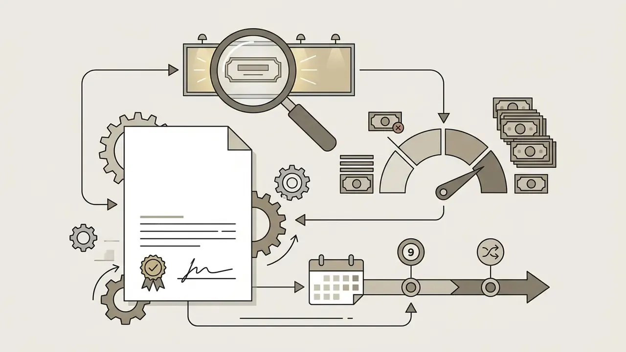 Document with gears, magnifying glass, gauge, and calendar icons representing legal compliance processes