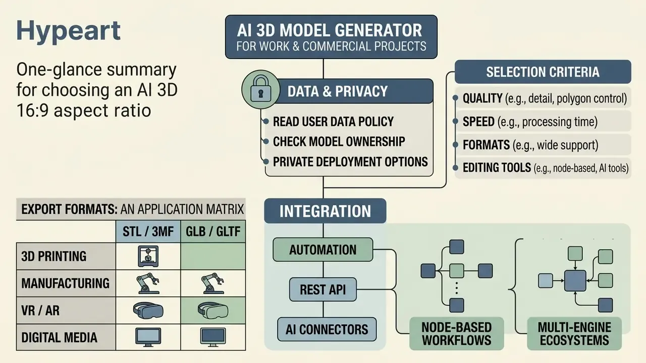 Infographic summarizing selection criteria, integration methods, and export formats for an AI STL generator