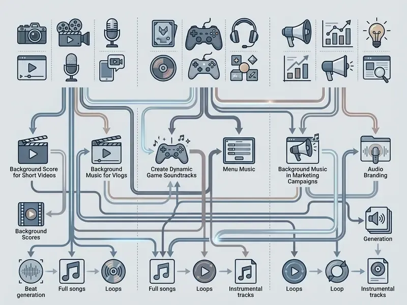 Infographic mapping user groups and media types to various audio generation and production workflows