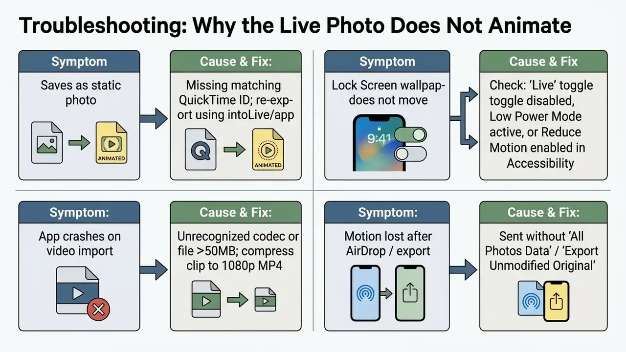 Matrix of common Live Photo issues paired with their specific technical causes and troubleshooting steps