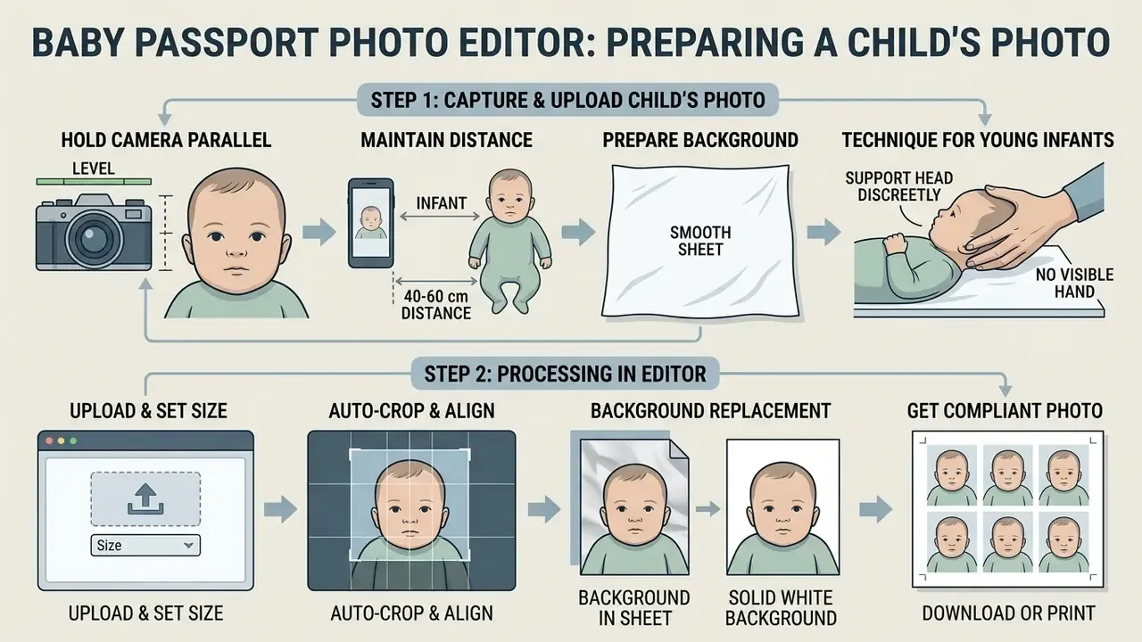 Steps for photographing infants and using digital tools to crop and format compliant passport portraits