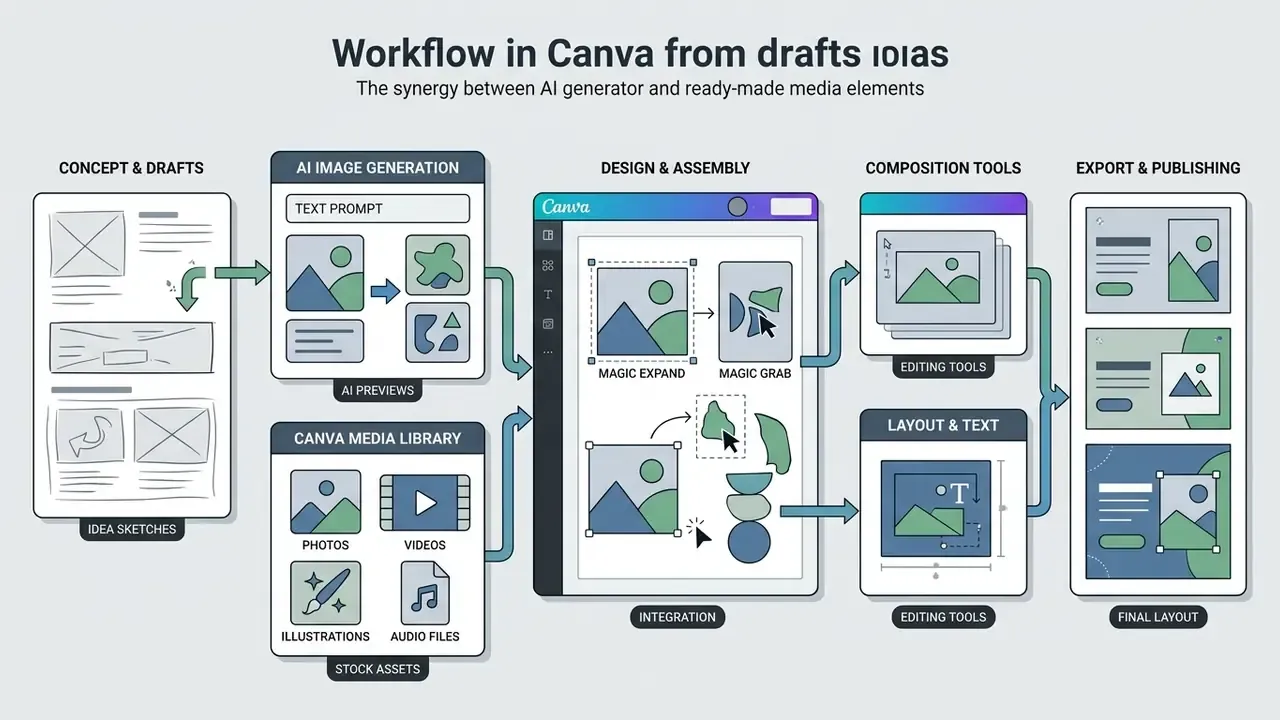 Sequential process from initial sketches through AI generation and media integration to final design export