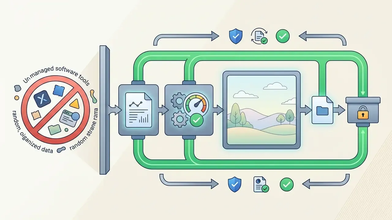 Prohibited tools and data blocked from entering a green pipeline that processes and secures creative assets