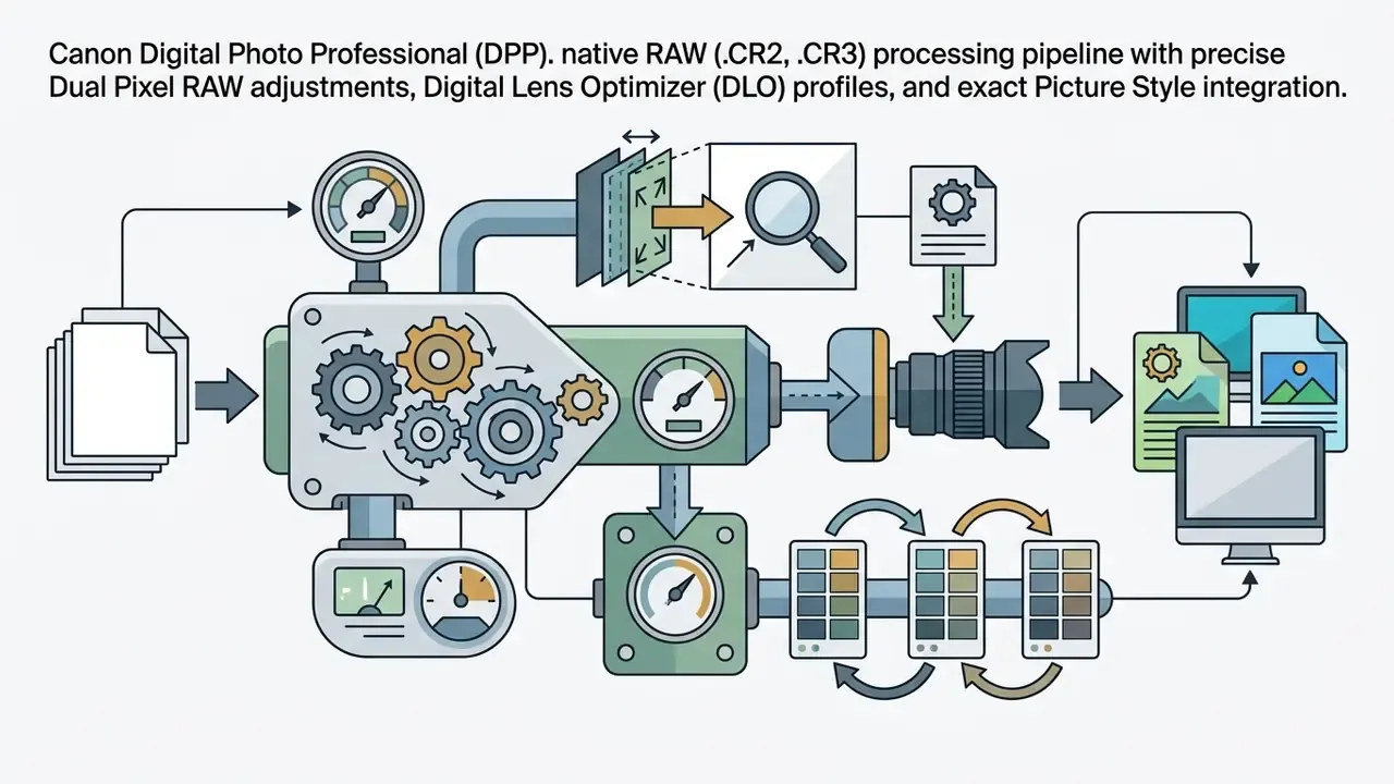 Mechanical gears processing data files through lens optimization and color palettes to final digital displays