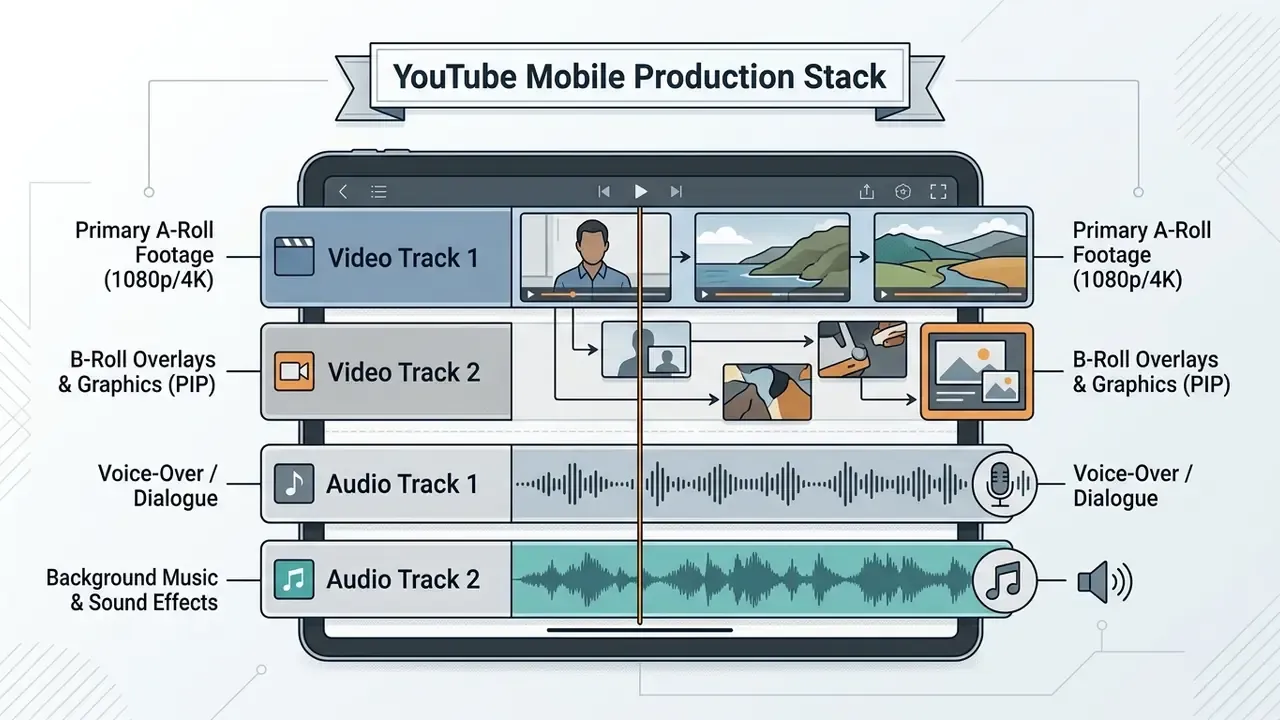 Diagram of a mobile video editing timeline with stacked video and audio tracks for YouTube production