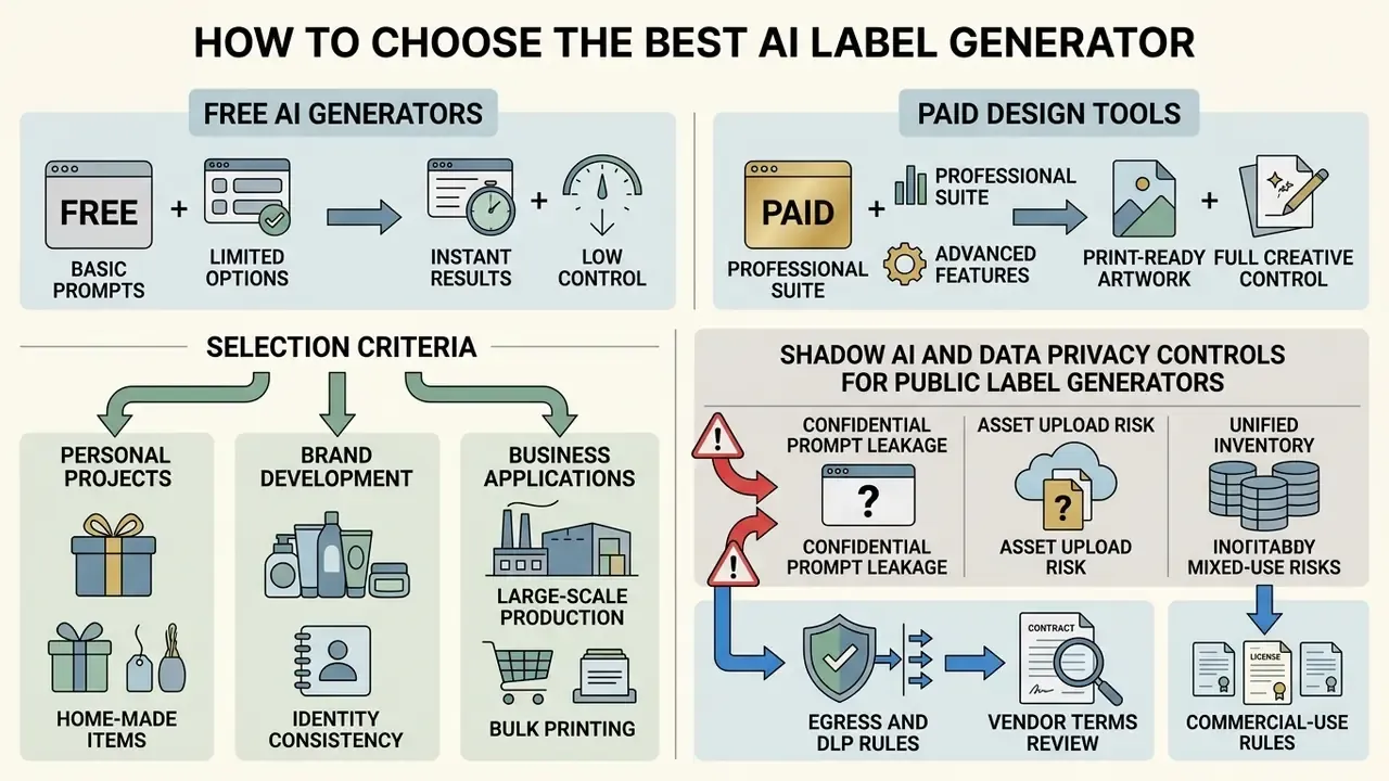 Comparison chart showing free versus paid design tools, selection criteria, and data privacy risk factors