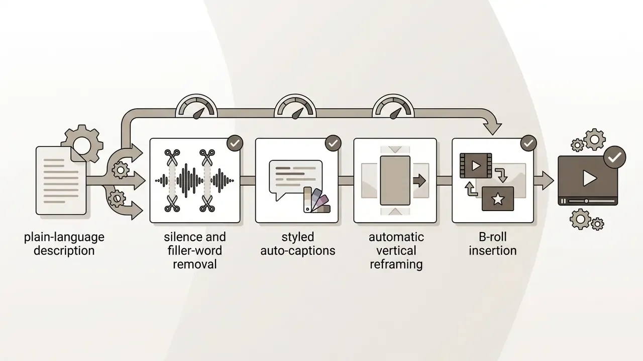 Automated video editing pipeline transforming text descriptions into finished clips with AI features