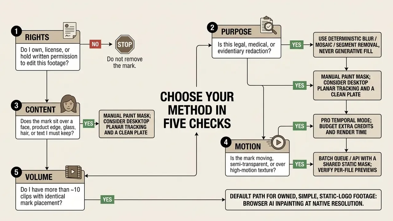 Decision tree outlining five checks to determine the appropriate method for removing video watermarks