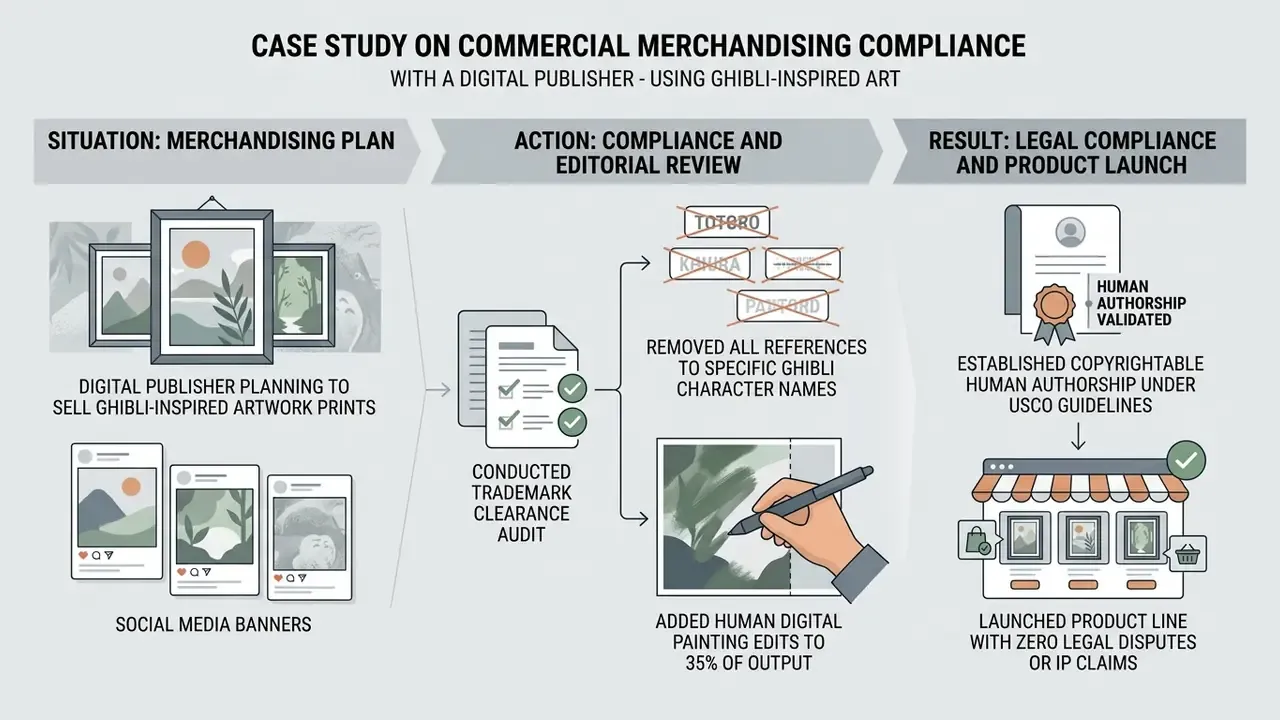 Three-step process showing trademark clearance, human edits, and successful product launch for artwork
