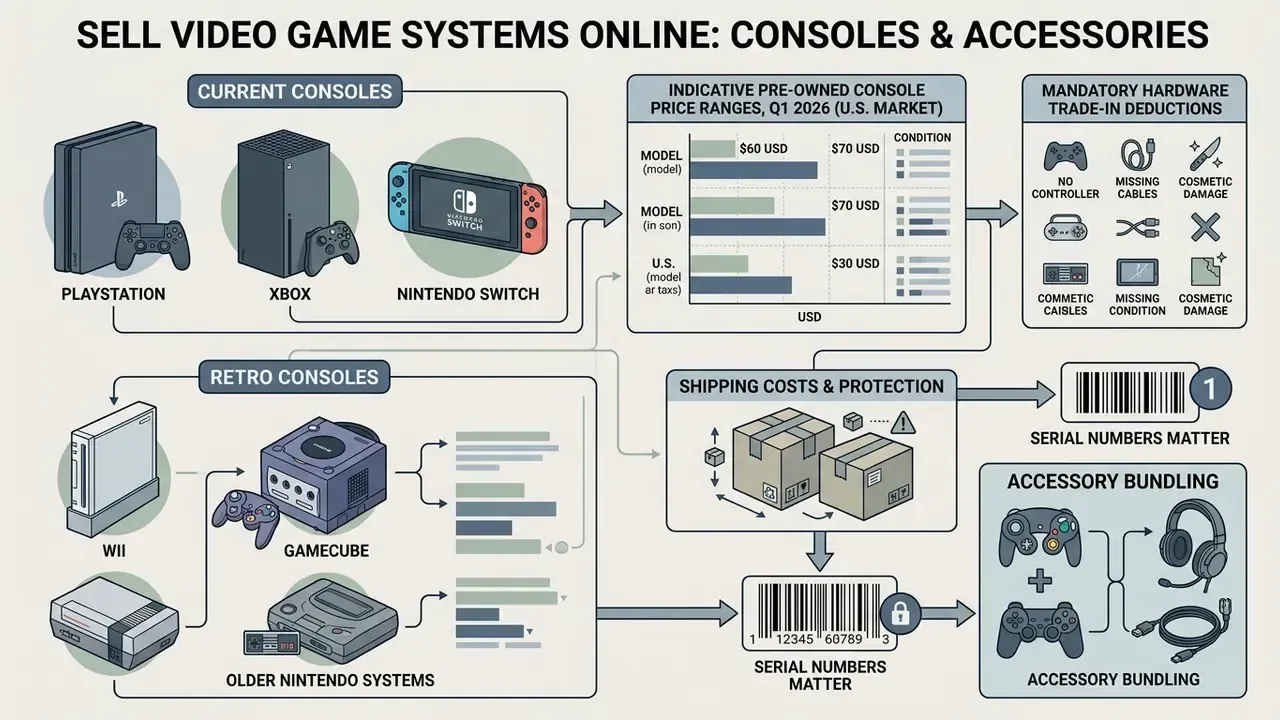 Infographic showing console price ranges, trade-in deductions, shipping tips, and accessory bundling