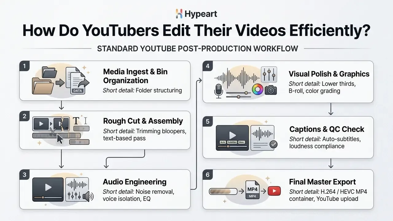 Six-stage flowchart outlining the standard post-production workflow for professional video editing