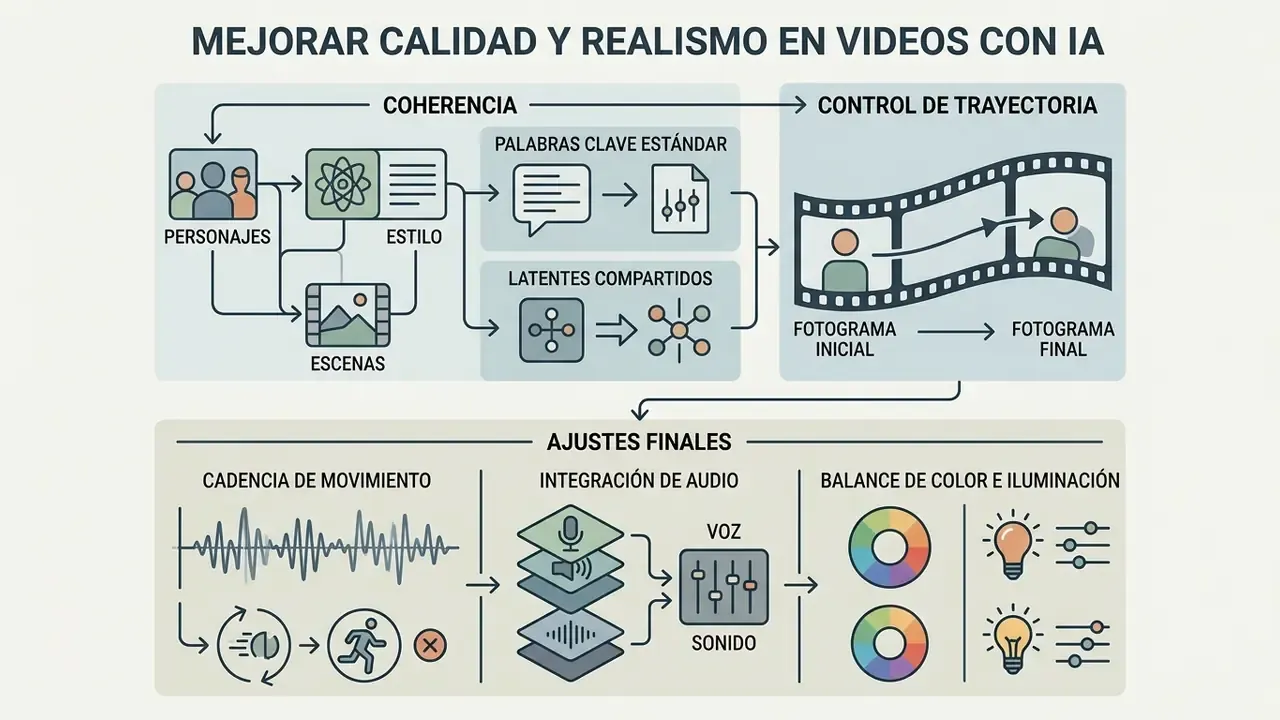 Diagram showing technical steps for consistency and motion control to crear videos con inteligencia artificial