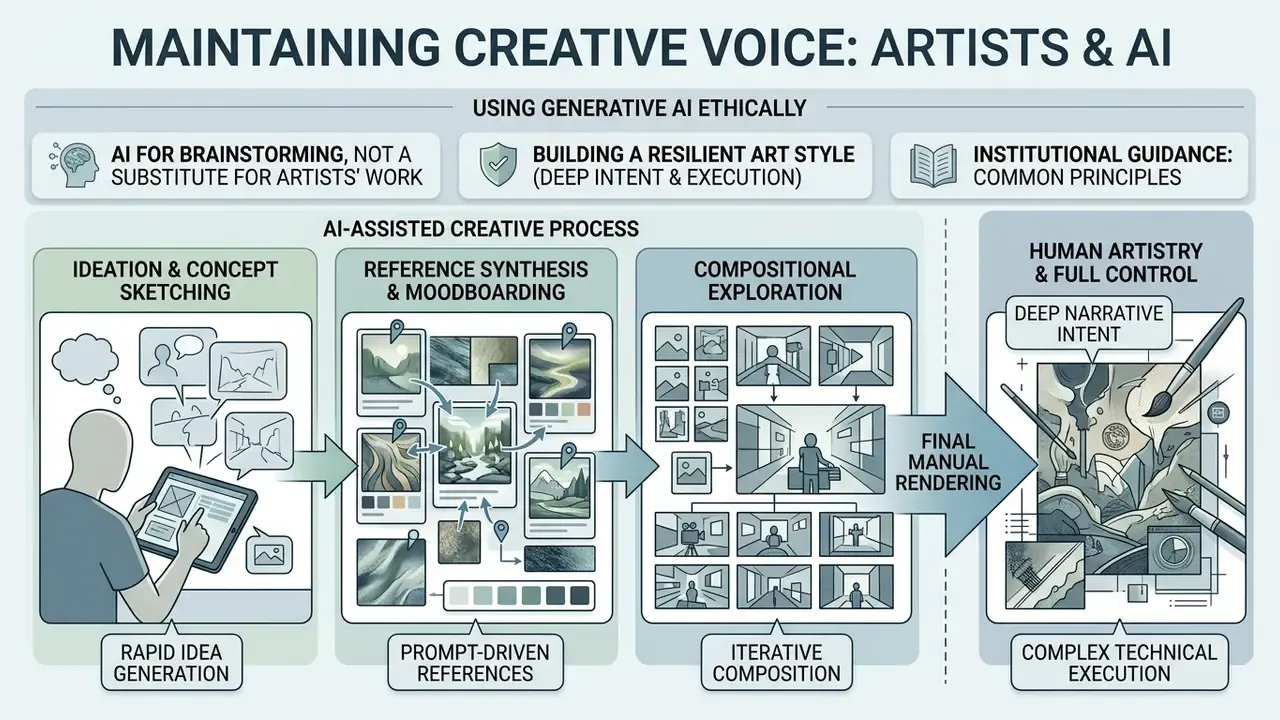 Step-by-step guide showing how artists use AI for early ideation while retaining full manual control