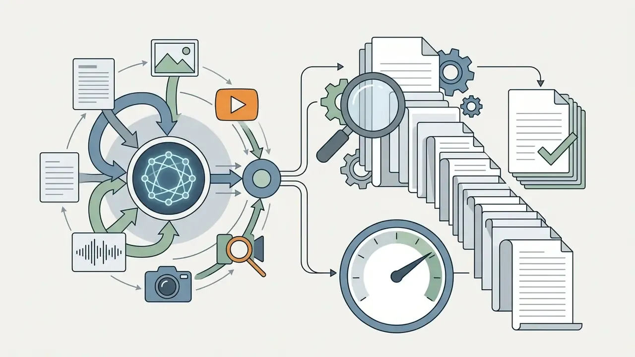 Multimodal inputs circulating into a central hub that processes documents with gears and a performance gauge