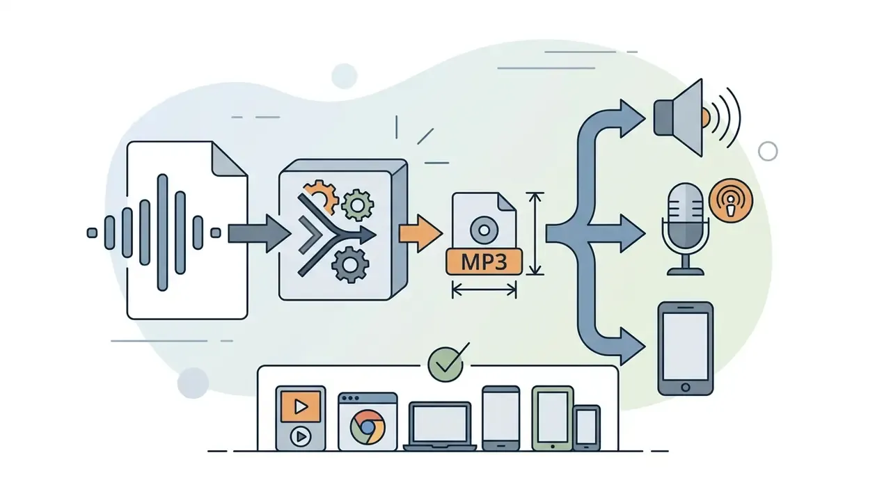 Audio file conversion process leading to MP3 export for web streaming, podcasts, and mobile devices