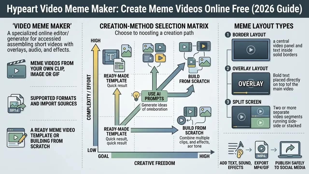 Diagram showing a video meme maker process with a selection matrix for creation paths and layout styles