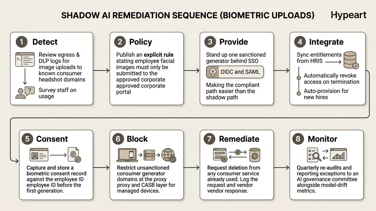 Eight sequential steps for managing employee biometric data and preventing unauthorized AI usage