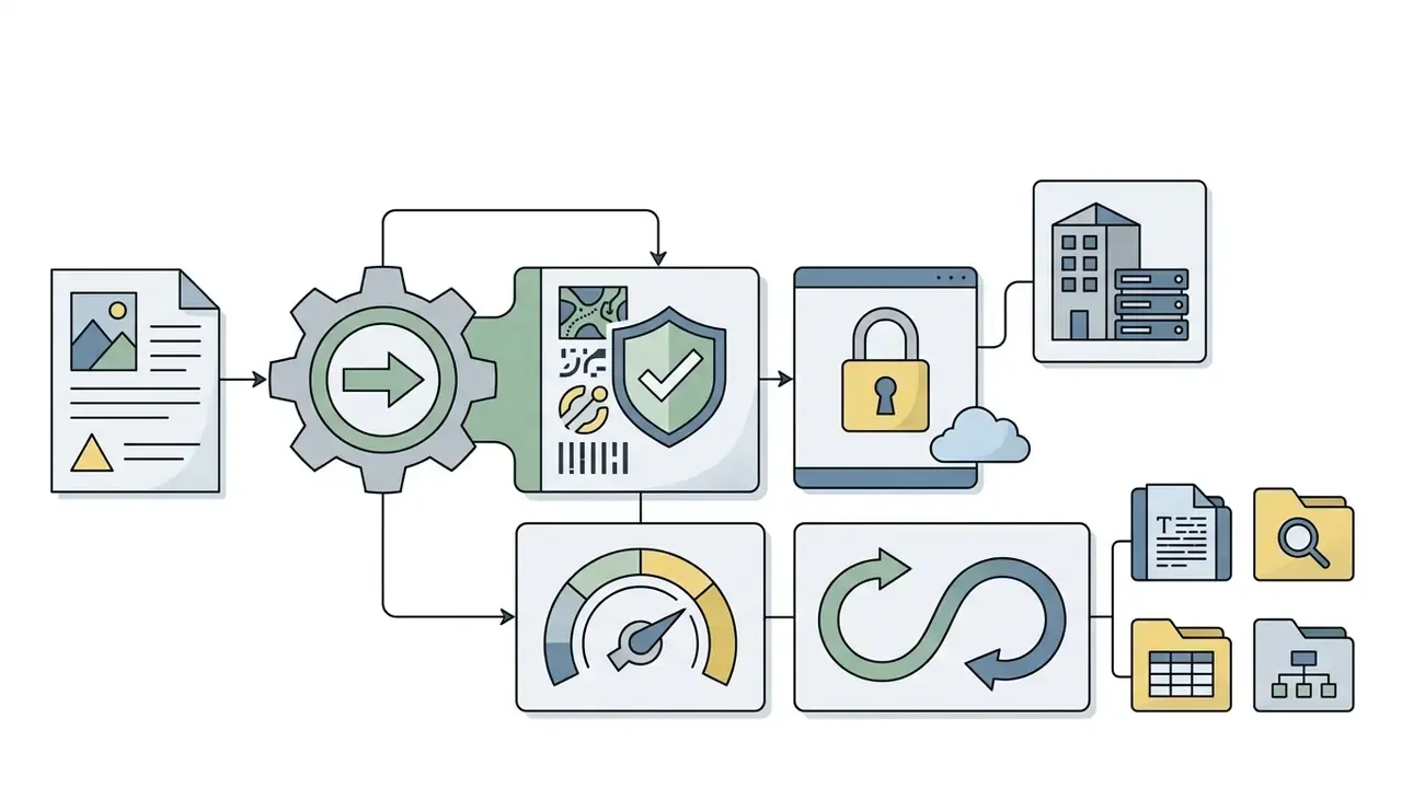 Document processing pipeline featuring security shields, performance gauges, and diverse file output icons